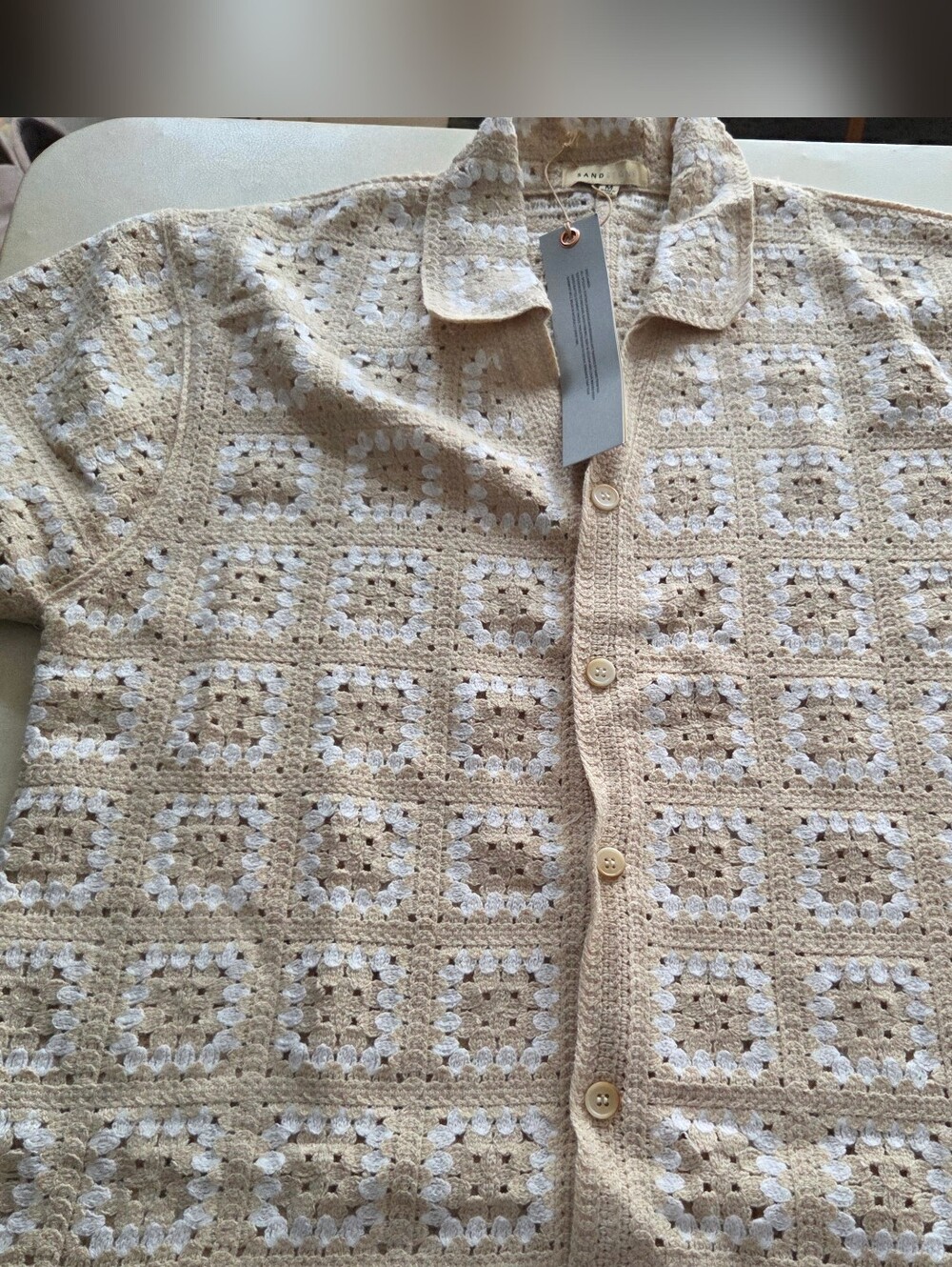 NWT UNISEX SZ MED SANDSTONE granny-square Cream White Button-Front Cardigan